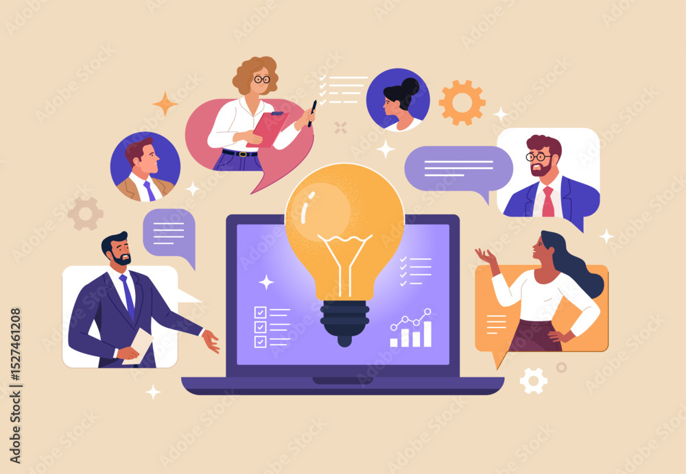 Poster online business concept. vector cartoon illustration of a group of diverse people discussing an idea