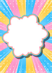 ハーフトン柄入りのサンバーストとフレームの背景、集中線とキラキラのデコレーション、ポップなデザイン、雲型のフレーム、縦向き