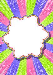 ハーフトン柄入りのサンバーストとフレームの背景、集中線とキラキラのデコレーション、ポップなデザイン、雲型のフレーム、縦向き