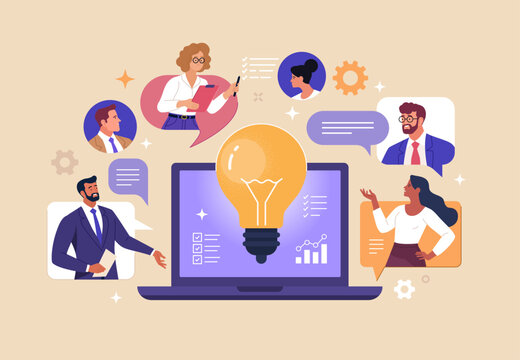 Online Business Concept. Vector cartoon illustration of a group of diverse people discussing an idea on a laptop monitor via video link. Isolated on background.