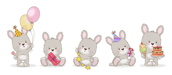 Adorable vector illustration of five cute bunnies celebrating a birthday with balloons, presents and sweets. Each bunny shows off a different joyful activity, adding charm to any occasion.