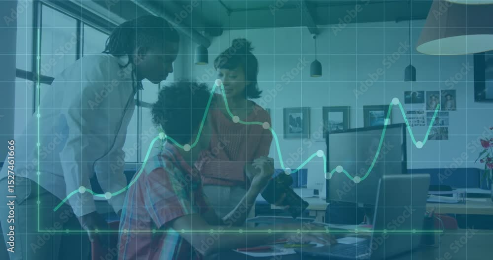 Poster seated man opening laptop tech dashboard chart overlay climbing while team analyzing data spikes