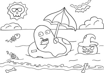 Ghost sunbathing at sea with umbrella and spooky pumpkin wearing witch hat, skeleton fish and bones in water, bats flying in sky