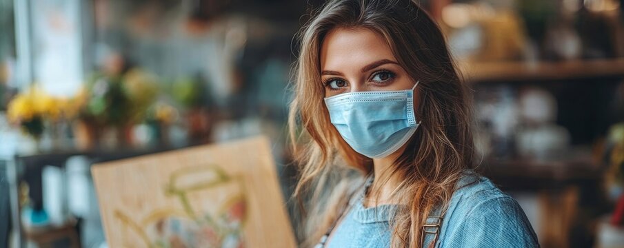 Beautiful female business retail owner in a medical face mask, hanging an open wooden signboard at the entrance door of her shop, ready to serve customers., Generative AI