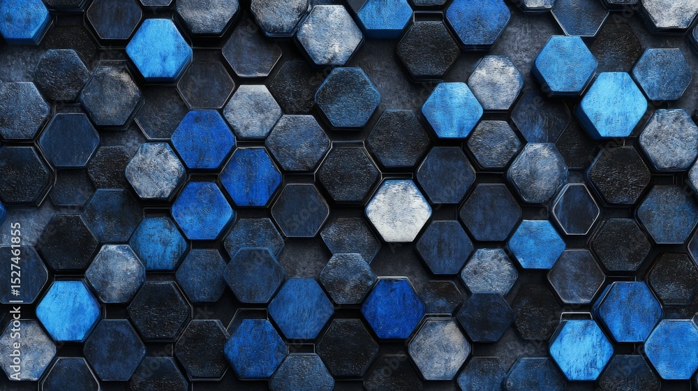 Poster futuristic black and blue hexagonal grid background with glowing digital pattern for modern tech, cy