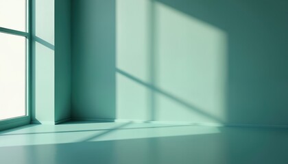 Naklejka na ściany i meble Minimalist teal room interior with window, shadows from sunlight. Modern architecture with copy space. Empty room with minimalist design. Calm, tranquil space for product placement, design