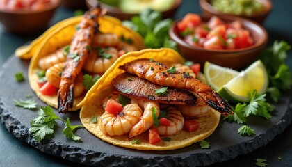 Assorted grilled seafood tacos various salsas, toppings on dark platter. Appetizing dish features grilled shrimp, fish, avocado. Delicious Mexican cuisine, party food. Perfect dinner table setup.