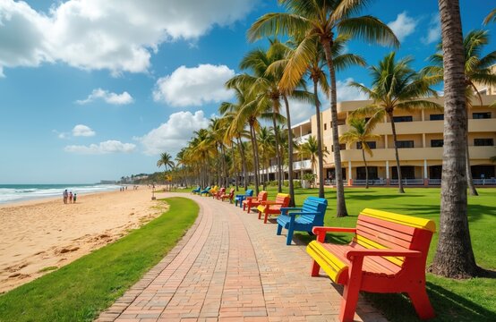 Idyllic view of Orla de Atalaia beach, Aracaju, Sergipe, Brazil. Palm trees, colorful benches, resort building. Sandy beach, blue ocean, sky with clouds. Tropical vacation, travel destination. Summer