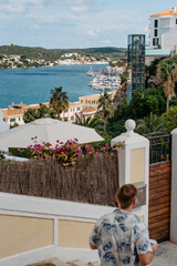 Overlook of Mahon Harbor with Glass Elevator and Tourist, Menorca
