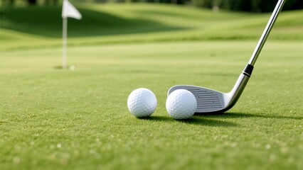 Obraz premium Two golf balls await the iron on a lush green course, flag waving gently in the distance