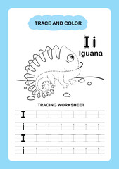 Illustration Isolated Animal Alphabet Trace and color Letter I-Iguana