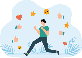 Appreciate high performance employee and good job or praising success staff, recognition or congratulation concept, businessman with appreciation thumbs up applause, stars and trophy.
