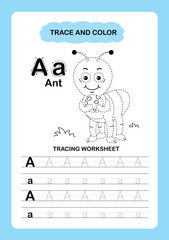 Illustration Isolated Animal Alphabet Trace and color Letter A-Ant