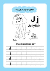 Illustration Isolated Animal Alphabet Trace and color Letter J-Jellyfish
