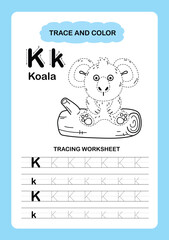 Illustration Isolated Animal Alphabet Trace and color Letter K-Koala