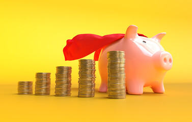 Superhero piggy bank with stacks of coins arranged in a bar graph, Saving money concept. 3D illustration