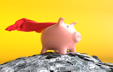 A piggy bank covered in a red cloth stands on a pile of banknotes. 3D illustration