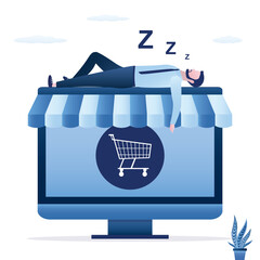 Business break, burnout and fatigue from shopping. Male consumer tired of online shopping process. Businessman sleeping on computer screen. e-commerce technology.