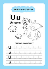 Illustration Isolated Animal Alphabet Trace and color Letter U-Unicorn