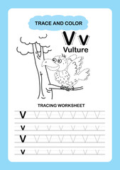 Illustration Isolated Animal Alphabet Trace and color Letter V-Vulture