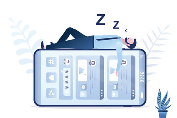 Tired user sleeps on mobile phone with social media on screen. Fatigue, stress and dependence on social networks and Internet. Need digital detox. Burnout, frustration