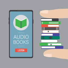 Fingers holding pile of books. Modern smartphone with audio book application. Online library app on display. E-reading on cellphone, modern technology. Banner template.