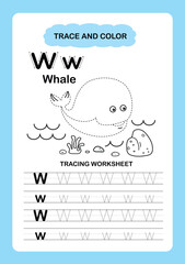 Illustration Isolated Animal Alphabet Trace and color Letter W-Whale