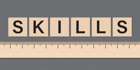 Ruler measuring skills level. Wooden labels and ruler. Motivation saying, banner template. Improve skills, speed up your learning.