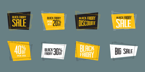 Set of black friday sale labels, discount concept tags. Seasonal sale, offer. Design template for tags, card, marketing banner.