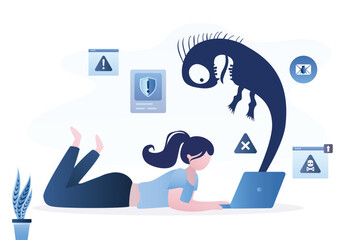 Woman uses laptop. Hacker attack. Virus or monster crawls out of the screen. Stealing personal information with spyware. Dangerous malware, new technological problems.