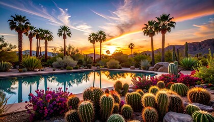 Desert Oasis Sunset: Palm Trees, Cacti, and Colorful Flowers Reflecting in Pool