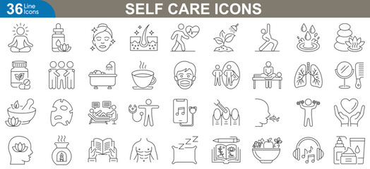 Self care icons set with editable stroke Collection of outline icons representing wellness, beauty, relaxation, hygiene, mental health, spa treatments, skincare routines and more.