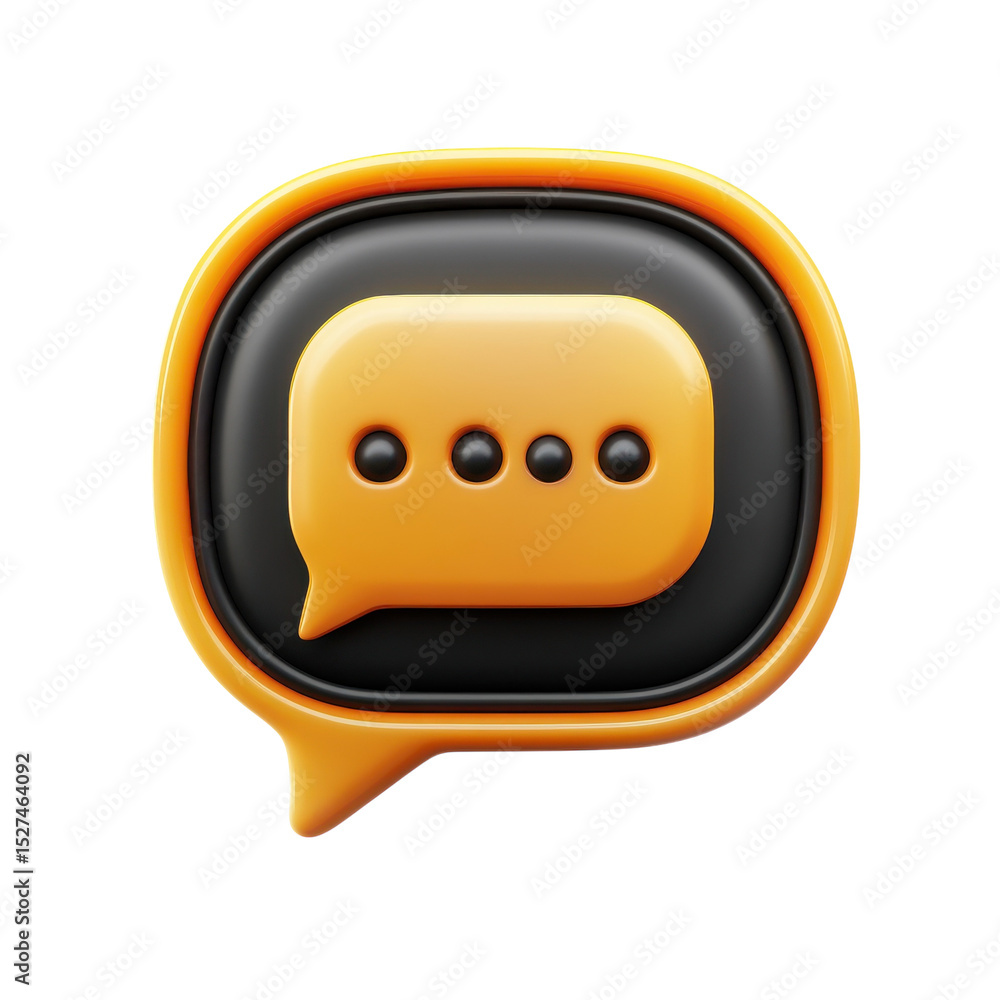 Poster 3d yellow speech bubble icon with black outline representing communication on transparent background