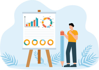 Financial data analysis report and statistical or economic research concept, businesswoman presenting graph and chart on board in the meeting.
