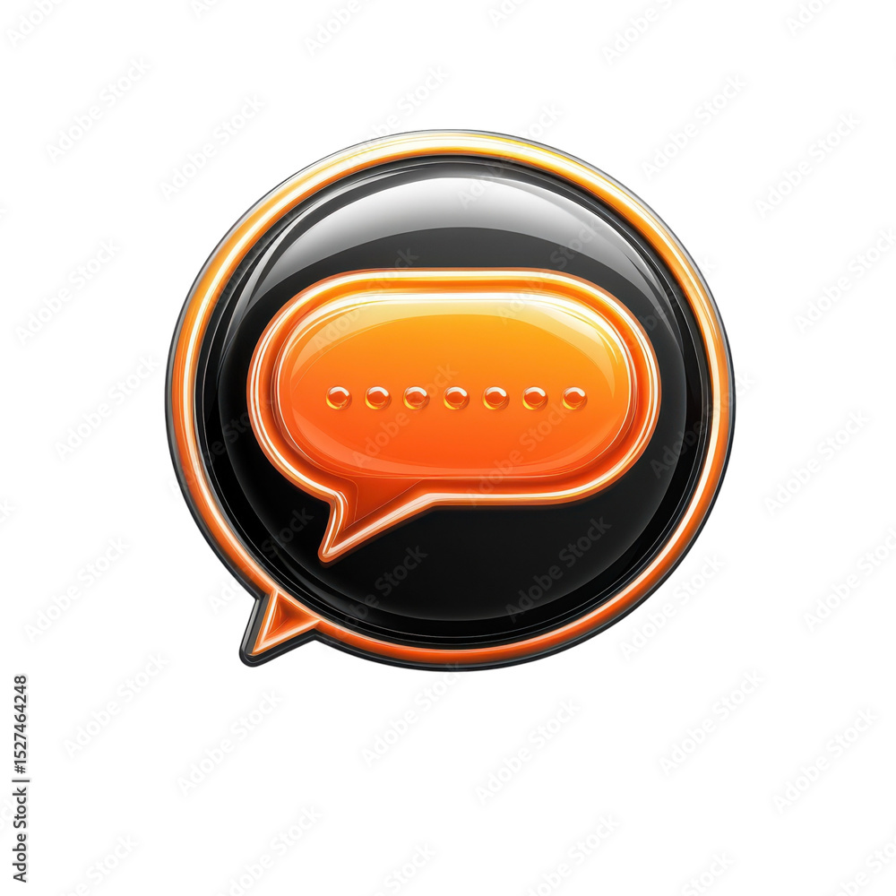 Poster orange glossy chat bubble icon for website contact communication messaging on transparent background