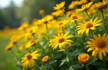 Obraz premium Yellow Heliopsis helianthoides flowers bloom. Oxeye flowers, green leaves, foliage, rich vegetation outdoors. Bright, vibrant, summer garden bloom. Ornamental, herbaceous, perennial plants in