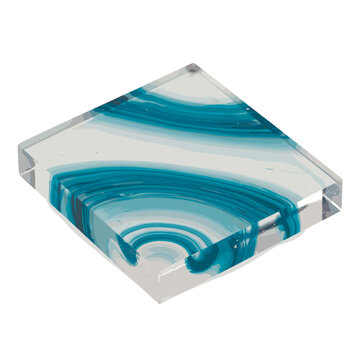 Transparent resin coaster with turquoise and white swirls  