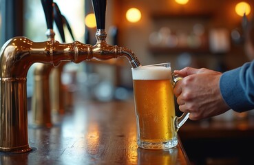 Bartender pours light beer into glass mug at pub bar. Frothy beer flows from tap. Hand holds drink on wooden table. Nightlife, brewery, cafe, restaurant.