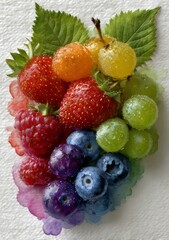 Obraz premium Vibrant mixed berries scattered artfully, creating colorful composition against white backdrop with soft watercolor paint effect