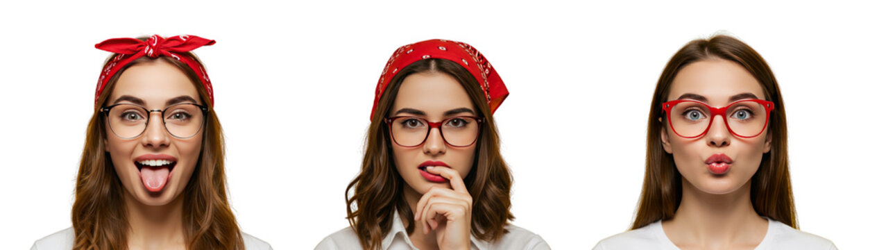Diverse Young Woman Posing with Red Bandana and Glasses on Transparent Background