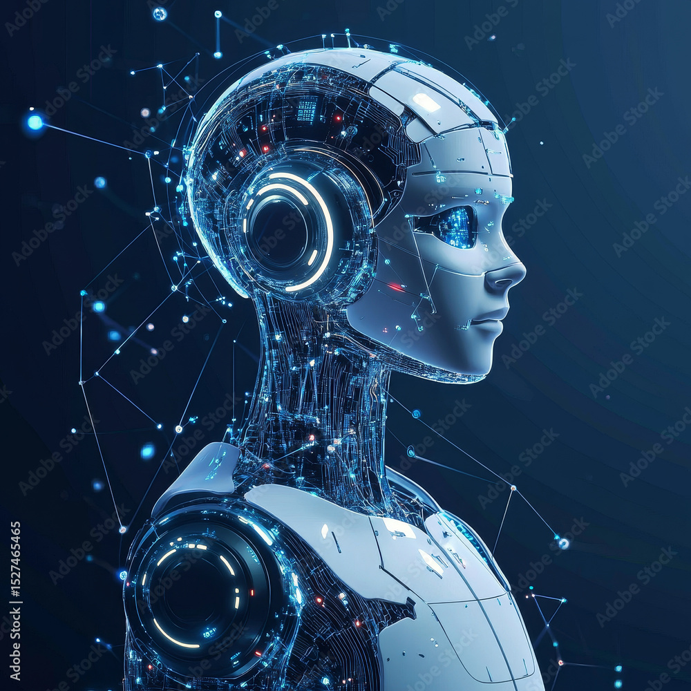 Poster artificial intelligence (ai) offers a smart solution to many challenges. businessmen point at virtua