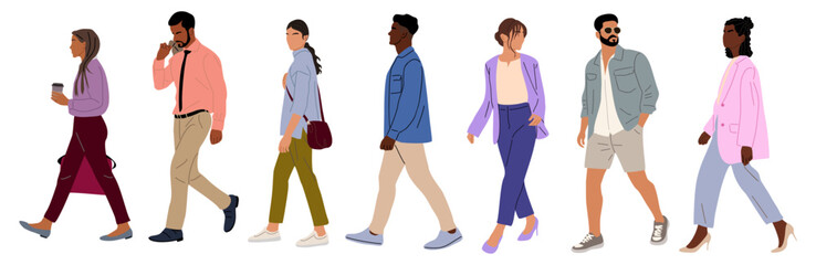 Vector set of diverse business people in smart casual summer outfits, including African American men and women, walking side view. Professional characters isolated on transparent background.