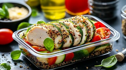 Healthy lunchbox featuring sliced chicken breast, zucchini, tomatoes, and quinoa, seasoned with herbs and spices
