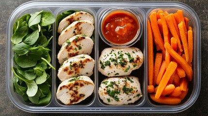 Healthy lunchbox with grilled chicken, spinach, carrots, and a side of tomato sauce