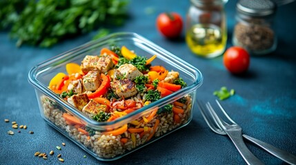 Healthy lunchbox with chicken, vegetables, and quinoa.  Prepared and ready to go