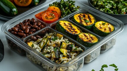 Healthy meal prep container with grilled zucchini, rice, and beans.  Components include tomatoes, and leafy greens