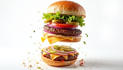 Deconstructed burger floating mid-air on white background. Includes bun, beef patty, lettuce, cheese, pickles, onions, tomatoes, sauces. Food photography for fast food restaurants menus. Creative