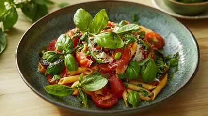 Hearty pasta dish topped with fresh vegetables and herbs.  A vibrant and flavorful meal