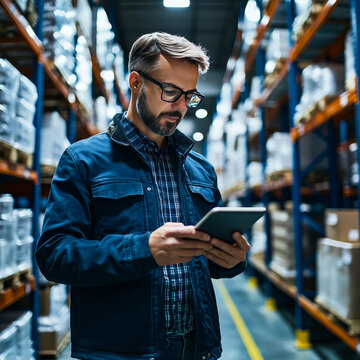 A professional in the field of Enterprise Resource Planning (ERP) using a tablet with a digital interface overlay showing inventory management, supply chain analytics, technology graphs tracking sales