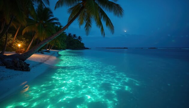 Night photo of Vaadhoo Island, Maldives. Turquoise ocean waters glowing with bioluminescent plankton, shoreline with palm trees. Mystical marine natural phenomenon, unique travel destination.